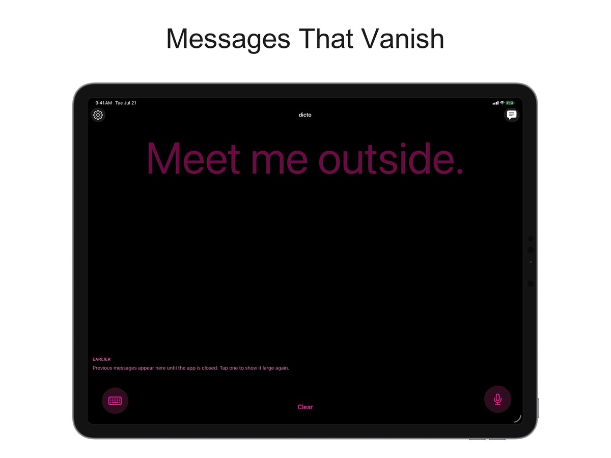 iPad 上的 dicto 處於低語模式，訊息 Meet me outside 正在淡出
