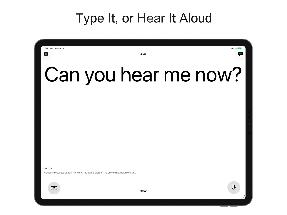 iPad 上的 dicto，白底黑字顯示訊息 Can you hear me now?